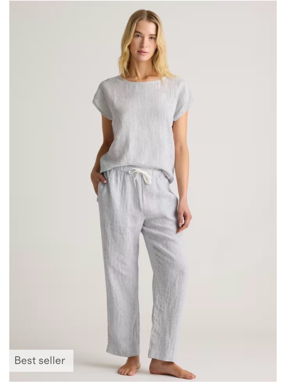 Light Gray Women's Drawstring Linen Pants and Top Set